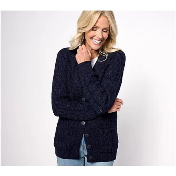 Aran Craft Merino Wool V-Neck Button Front Sweater Cardigan Navy,XS - Picture 1 of 1
